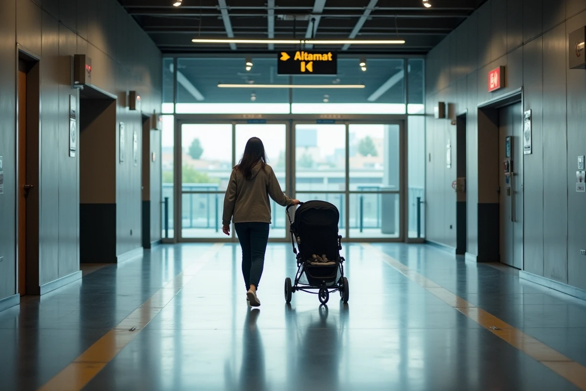 Mère avec poussette dans un couloir accessible de l'arène Bercy avec signalétique PMR