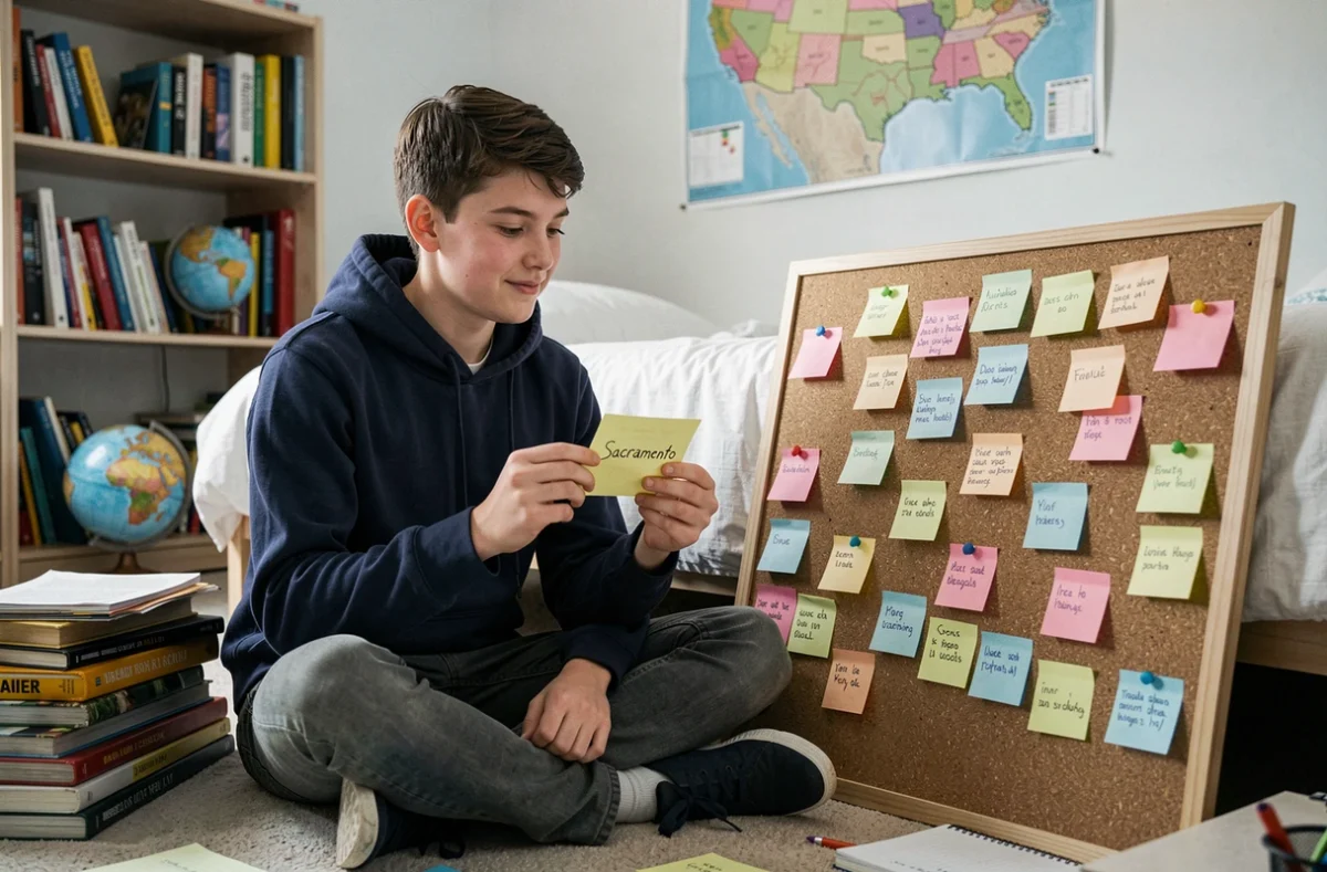 Adolescent mémorisant les capitales des États-Unis avec des post-its colorés sur un tableau en liège