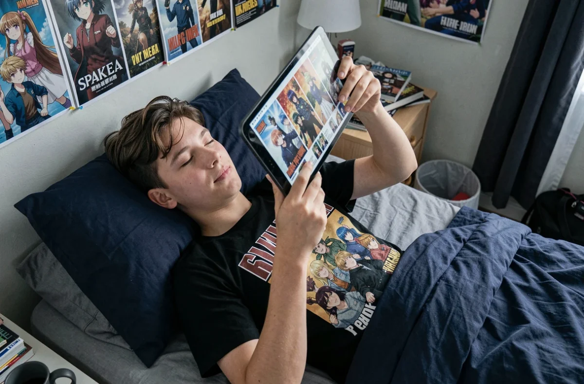 Adolescent lisant des scans de manga sur une tablette numérique allongé sur son lit dans sa chambre