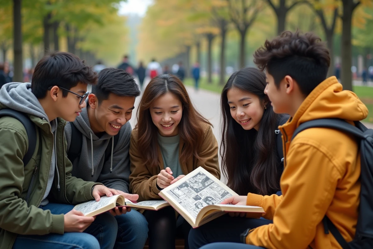 Groupe d adolescents discutant d un manga en plein air