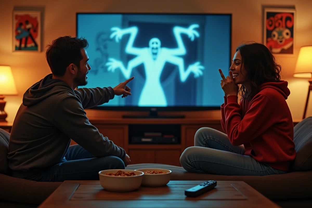 Deux adultes regardant un épisode de Spider-Man animé avec un méchant effrayant sur un vieux téléviseur cathodique dans un salon