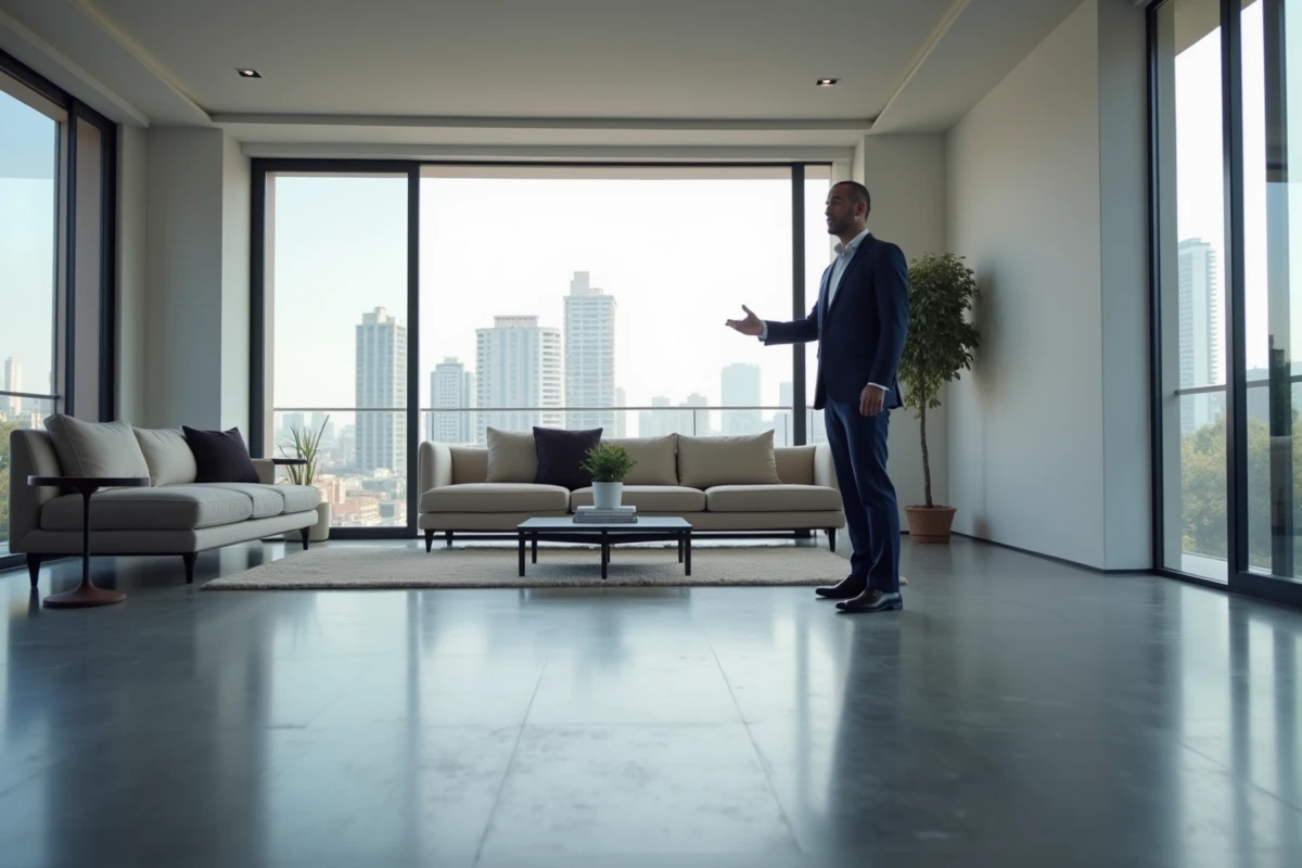Agent immobilier italien présentant un appartement moderne à Milan lors d'une visite pour achat ou location