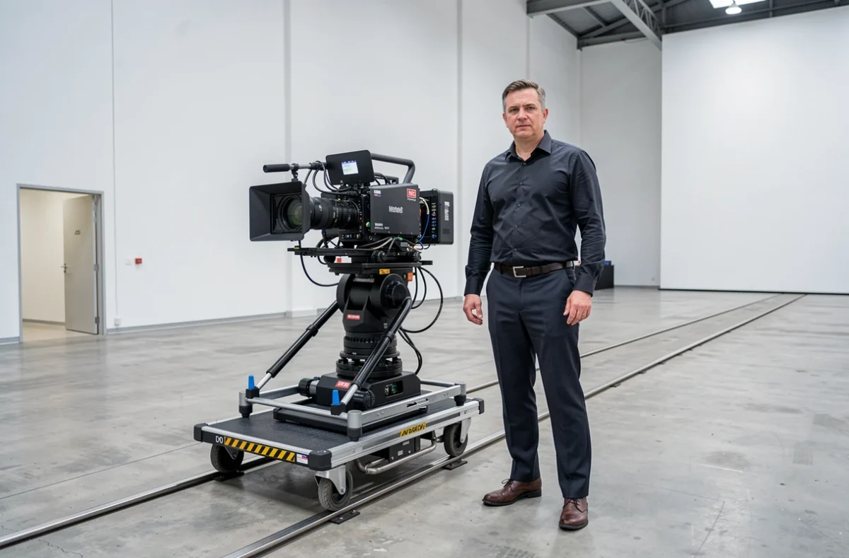 Alexandre Baudet Labiano, vidéaste professionnel à côté d'un rig de caméra cinéma dans une grande salle événementielle