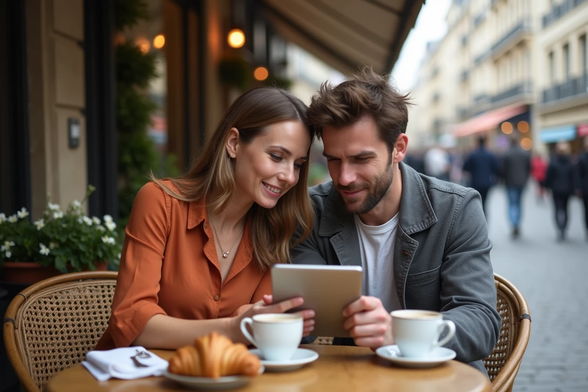 Deux amis dans un café parisien réagissant avec amusement à une traduction incorrecte devenue virale sur internet