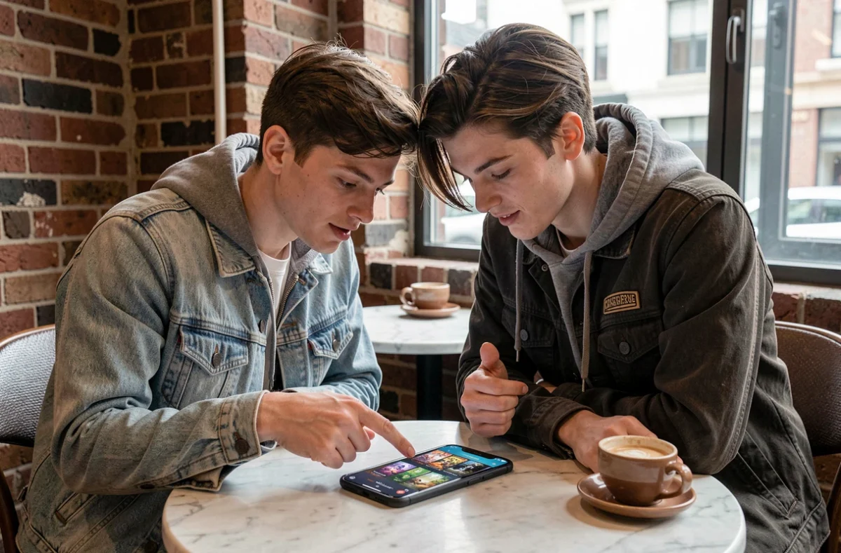 Deux amis analysant ensemble un deck Clash Royale sur smartphone dans un café urbain