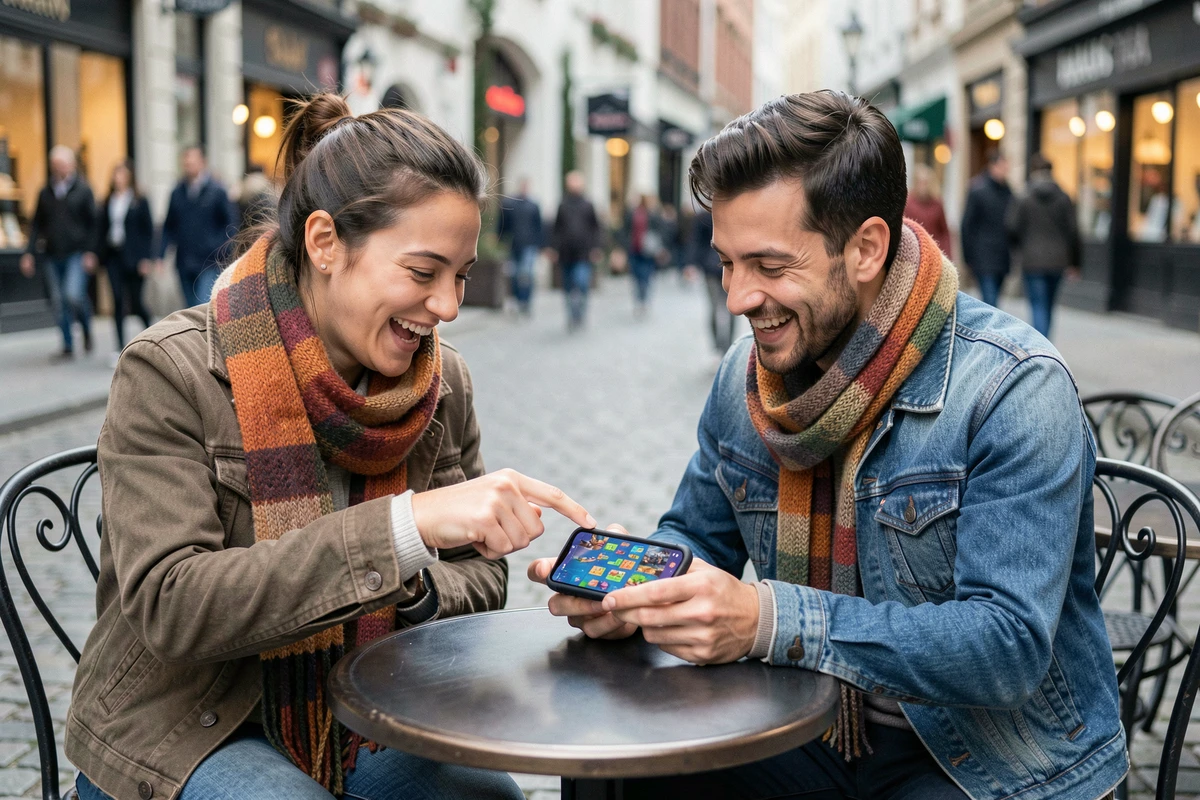 Deux amis partageant un smartphone avec un jeu de plateau numérique coloré à une terrasse de café urbaine en automne