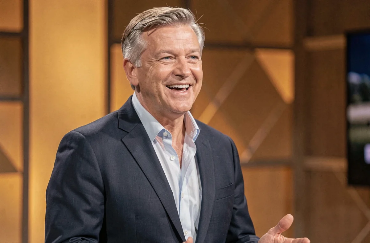 Animateur télévision charismatique sur un plateau de tournage, sourire expressif et posture confiante, évoquant l'accent et le charisme du Sud de la France