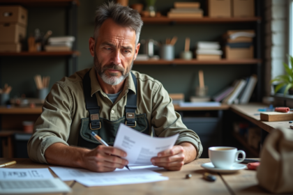Artisan homme en travail dans son atelier avec documents financiers