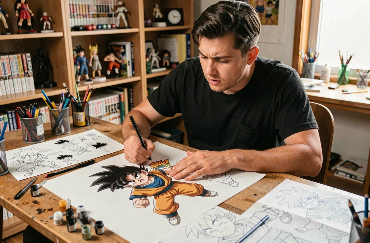 Artiste manga dessinant le personnage Hit de Dragon Ball Super dans un studio d'illustration encombré de références