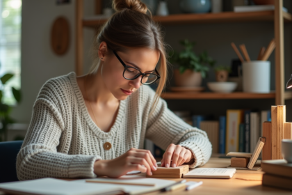 Femme assemble un mini bibliothèque pour book nook