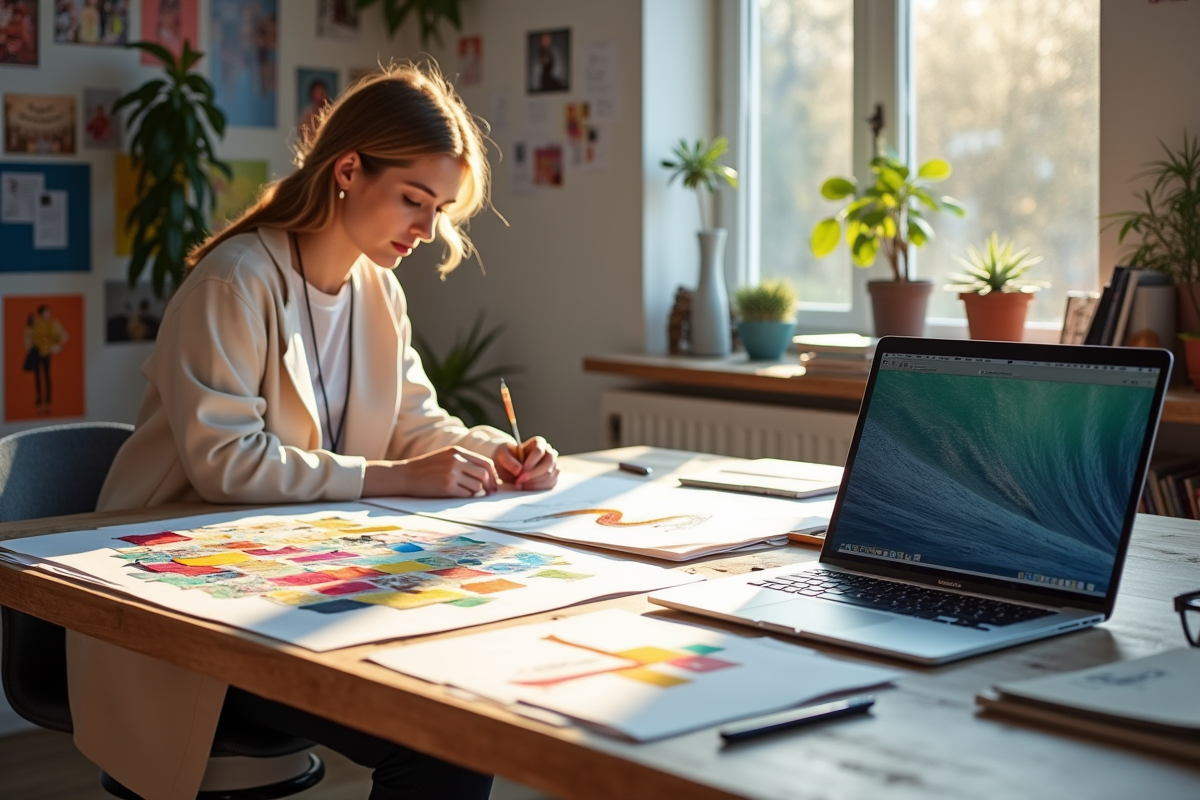 Espace de création mode avec mood boards et croquis