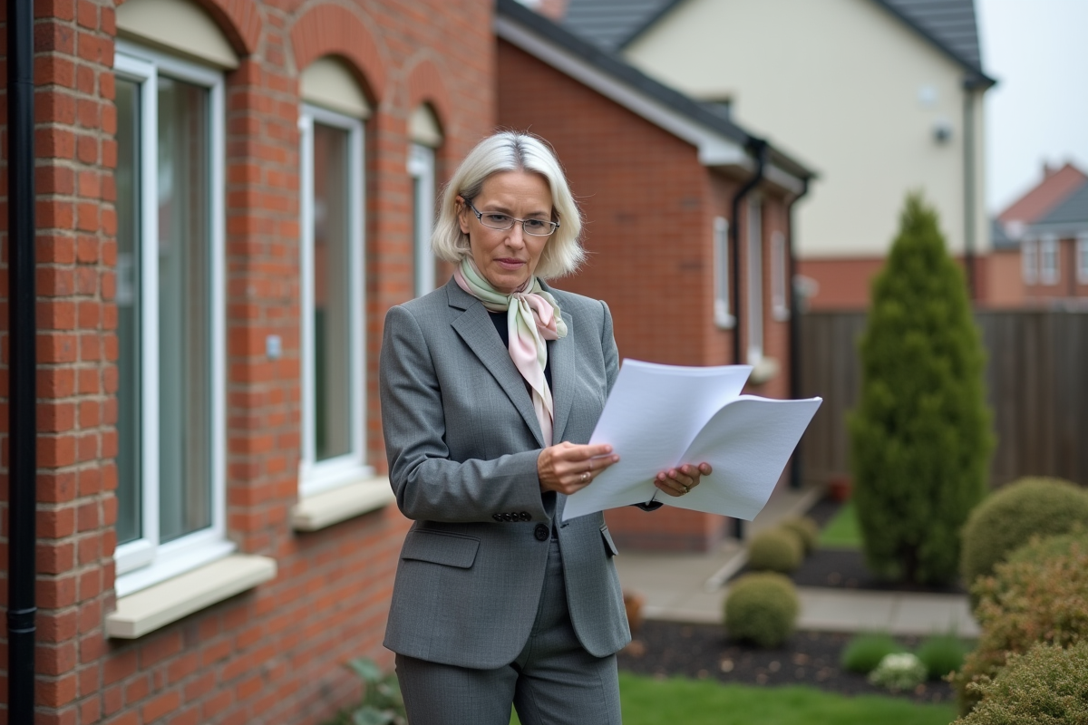 Femme professionnelle analysant un audit énergétique devant une maison de banlieue