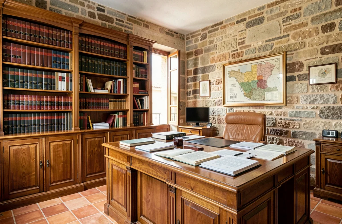 Bureau d'avocat traditionnel dans les Pyrénées-Orientales avec bibliothèque juridique, documents et architecture catalane