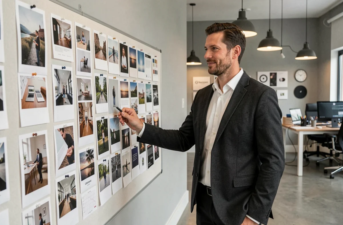 Photographe de BD Création debout devant un tableau d'inspiration dans un studio commercial contemporain à Dijon