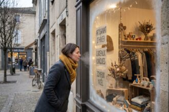 Femme découvrant les nouveautés hivernales d'une boutique de la Côtière à travers une vitrine décorée
