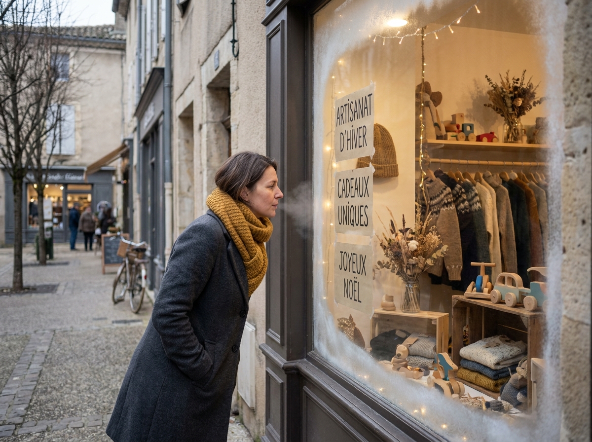 Femme découvrant les nouveautés hivernales d'une boutique de la Côtière à travers une vitrine décorée