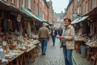 Braderie de rue animée dans le Nord avec stands de brocante et maisons flamandes en briques rouges au printemps
