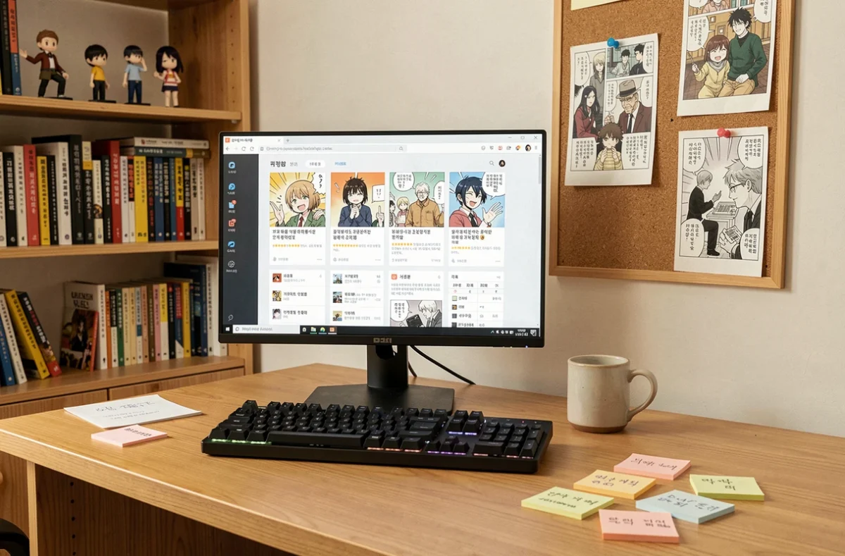 Bureau de travail avec écran affichant une plateforme de lecture de webtoon coréen, représentant l'engouement éditorial et fan autour du manwha Secret Class en 2026