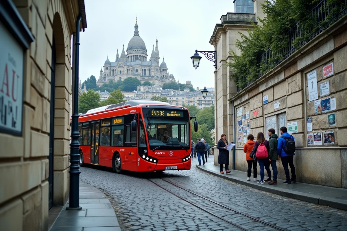 Bus RATP rouge dans une rue pavée de Montmartre avec des touristes consultant une carte des bus de Paris