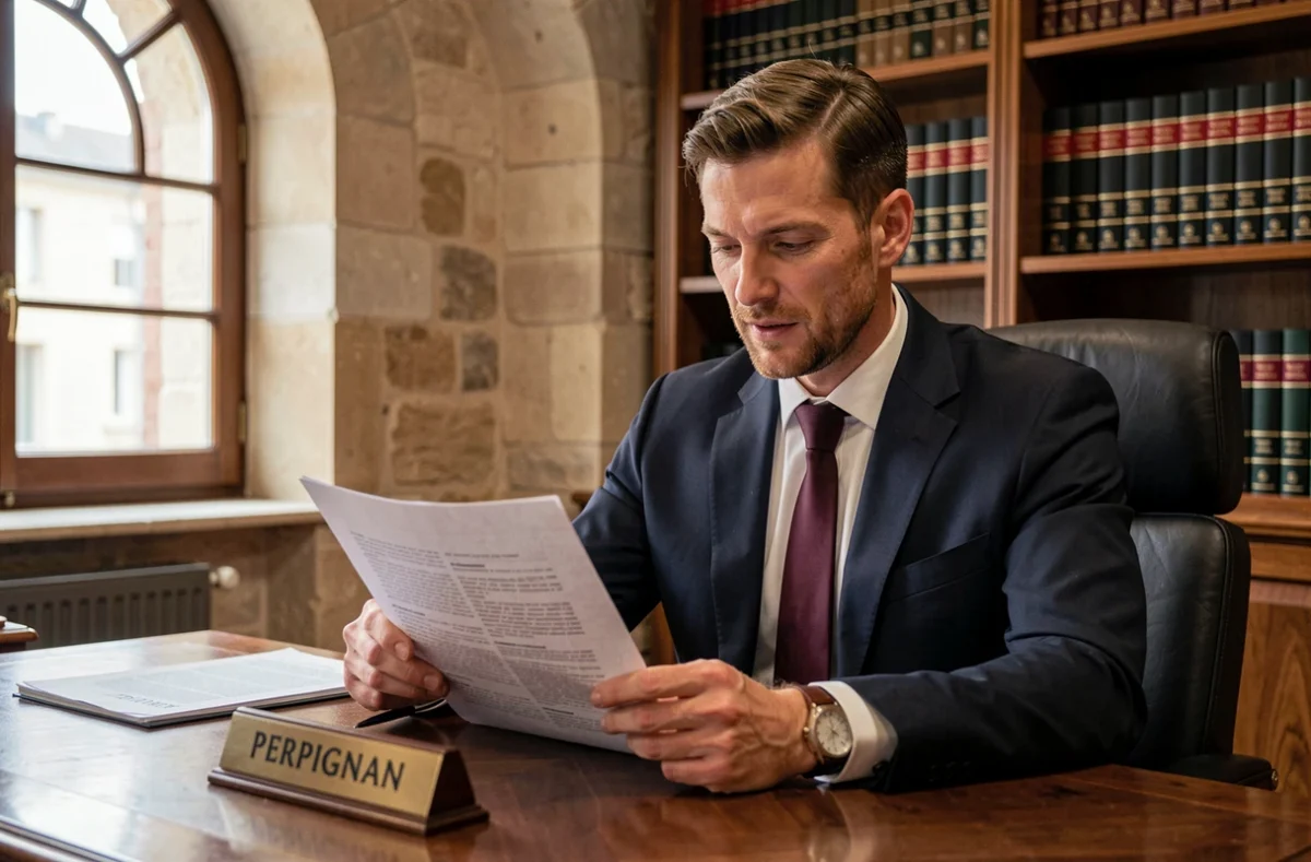 Maître Nicolas Legrand, avocat à Perpignan dans les Pyrénées-Orientales, à son bureau dans un cadre traditionnel