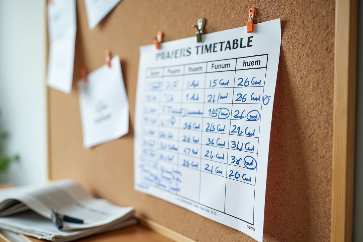 Calendrier des heures de prière islamiques affiché sur un tableau liège avec annotations manuscrites en français