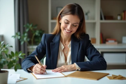 Femme professionnelle rédigeant une carte bonne année 2026 élégante dans un bureau moderne