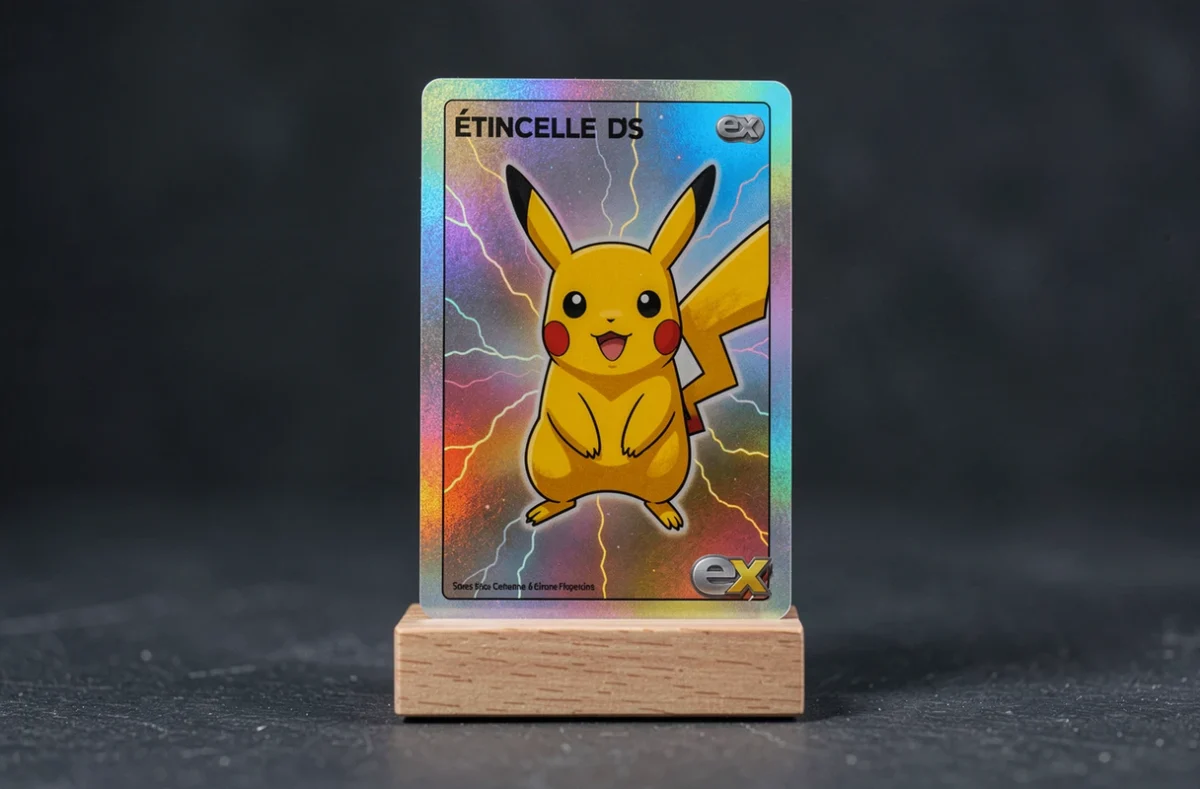 Carte Pikachu ex Étincelles Déferlantes posée sur une surface en ardoise sombre avec reflets holographiques visibles