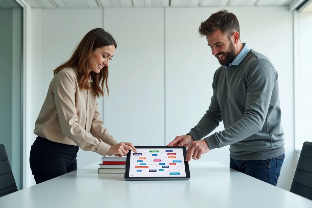 Deux adultes collaborant autour d'une carte sémantique en français sur une tablette dans une salle de réunion moderne