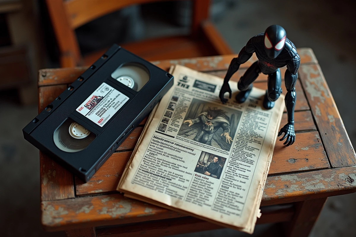 Nature morte de cassettes VHS et figurines de méchants Spider-Man des années 90 sur une table en bois usée