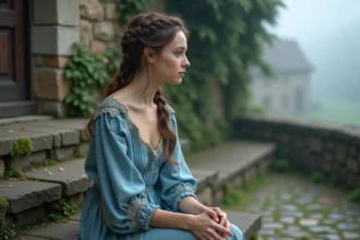 Jeune femme en robe déchirée assise sur des marches en pierre évoquant Cendrillon avant sa transformation dans le conte de Perrault