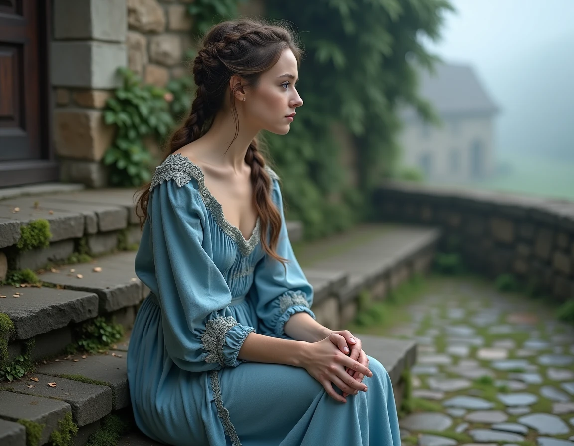 Jeune femme en robe déchirée assise sur des marches en pierre évoquant Cendrillon avant sa transformation dans le conte de Perrault