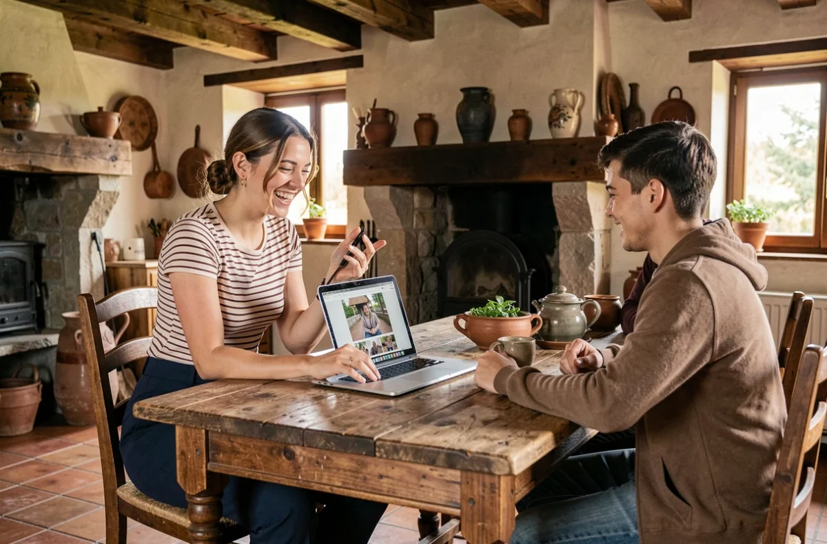 Photographe C'Est Maen montrant des photos sur un ordinateur portable à un couple dans une ferme bourguignonne typique