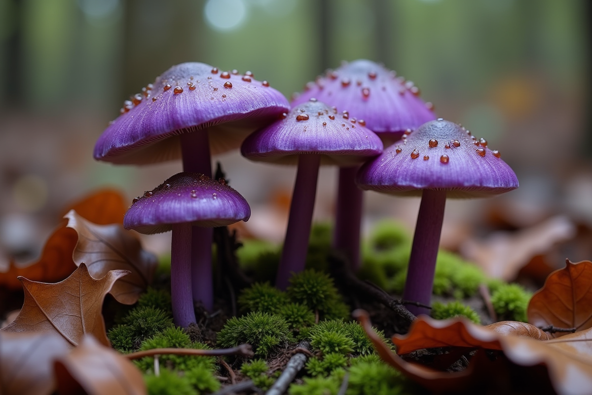 Champignons laccaria aystina parmi feuilles d