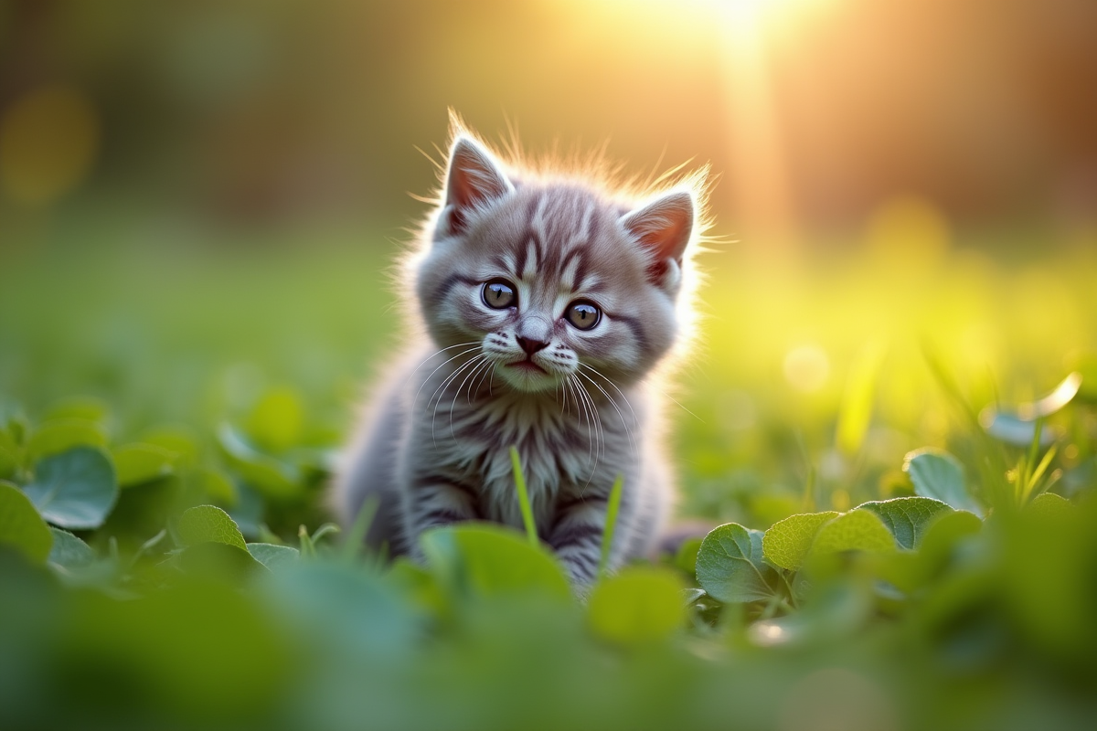 Chaton angora gris dans un jardin au matin lumineux