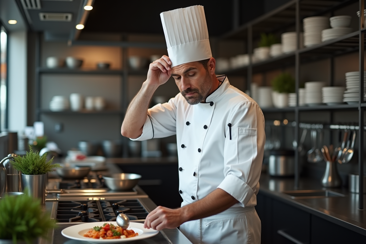Chef en uniforme dans une cuisine professionnelle