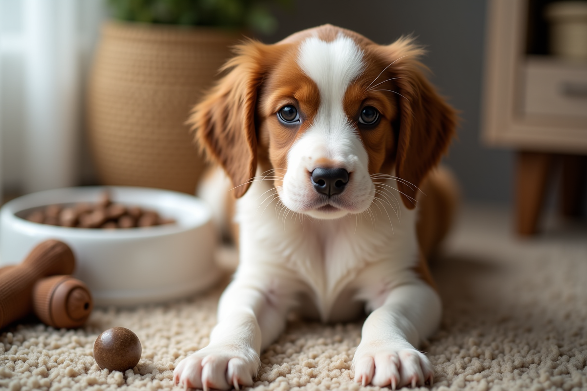 Chiot Brittany Spaniel allongé sur tapis intérieur