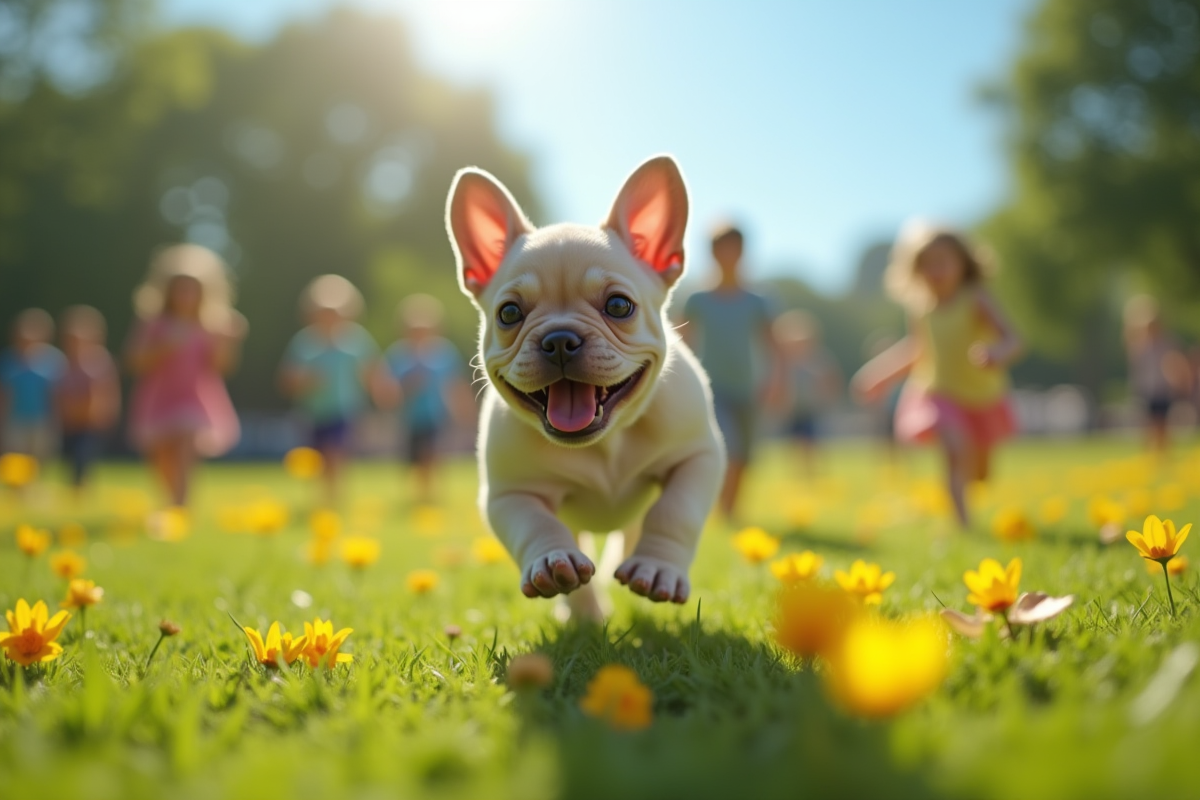 Chiot bulldog français courant dans un parc ensoleille