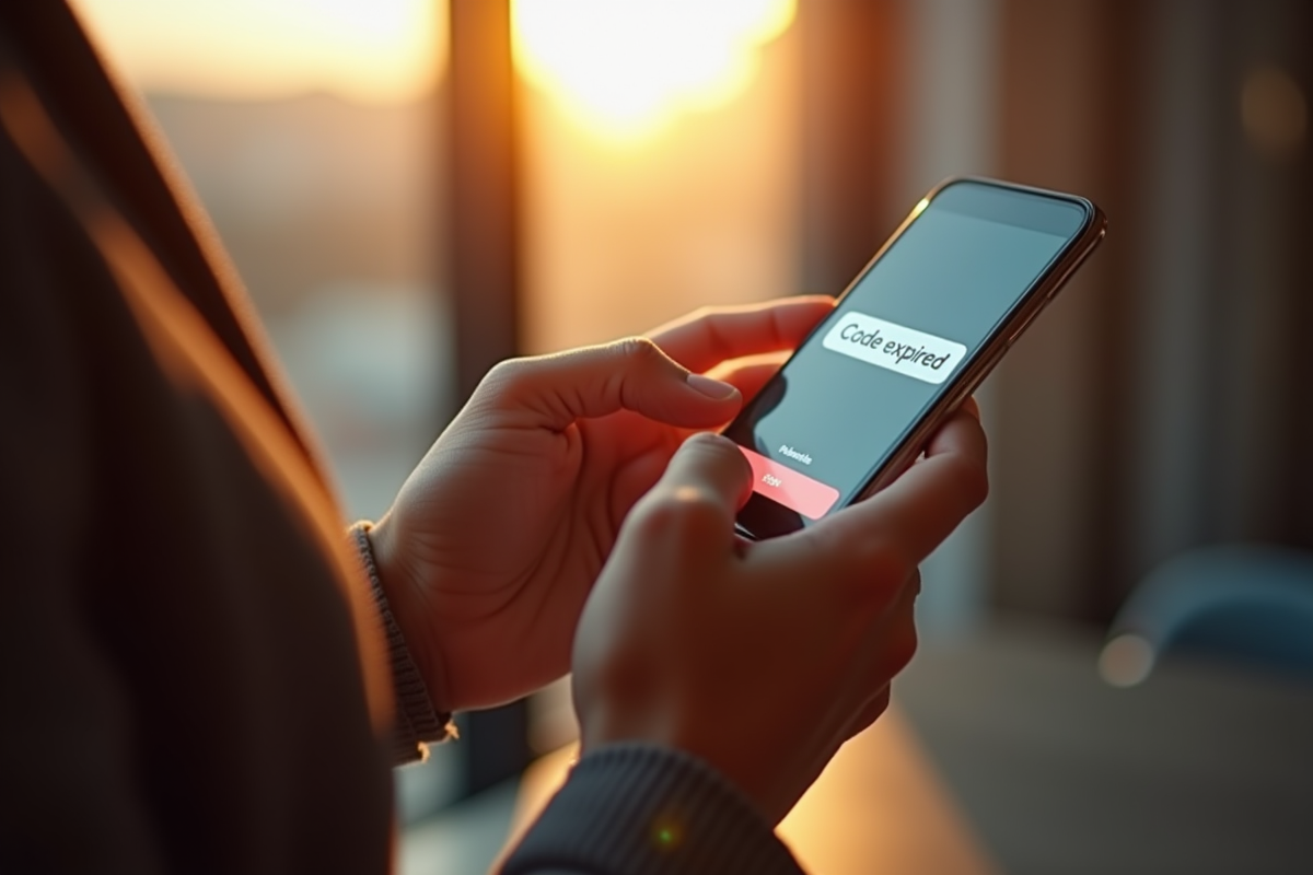 Mains saisissant un code sur un smartphone avec message code expire