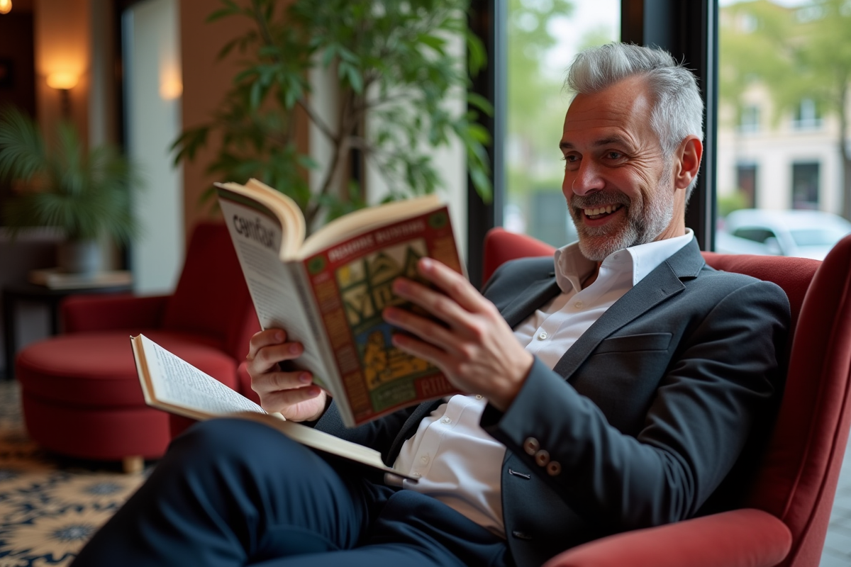 Homme détendu lisant un guide dans un lounge cosy