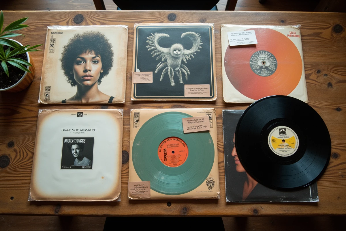 Collection de vinyles rares et précieux disposés en éventail sur une table en bois ancien