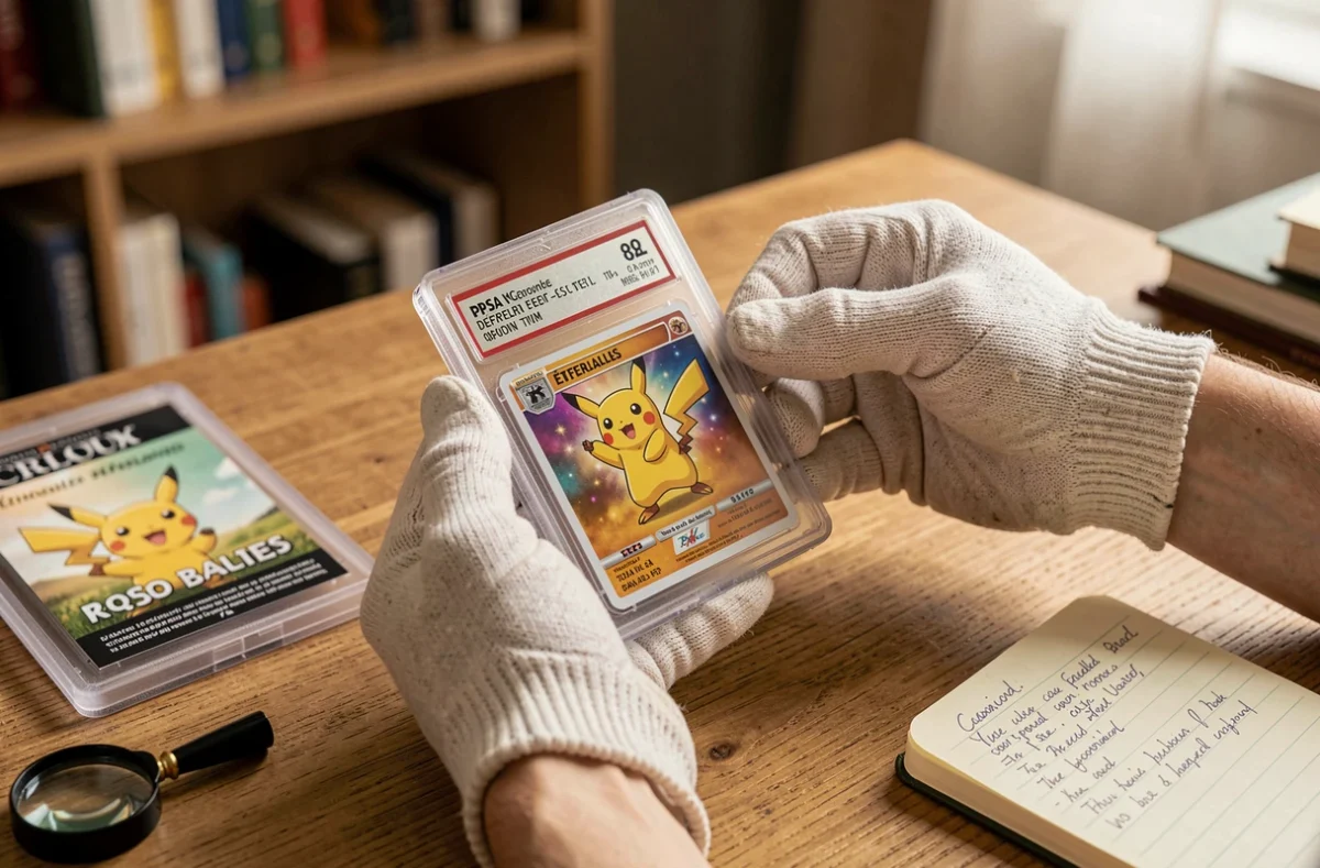 Collectionneur tenant une carte Pikachu ex gradée PSA avec des gants en coton sur un bureau en bois