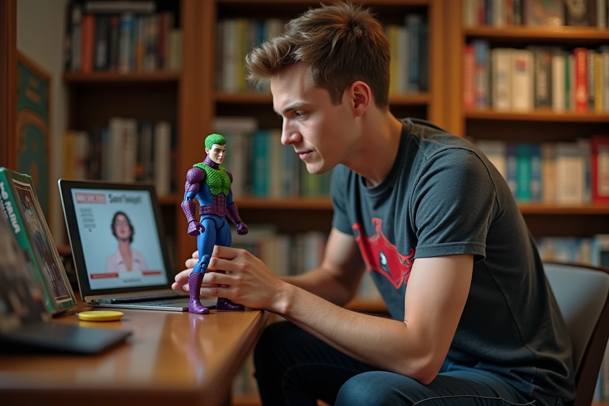 Collectionneur adulte tenant une figurine de vilain Spider-Man des séries animées devant une étagère de comics et jouets vintage