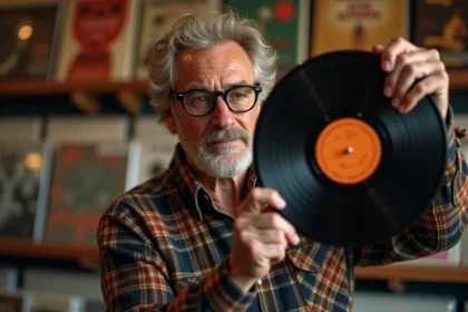 Collectionneur examinant attentivement un vinyle rare dans un magasin de disques vintage