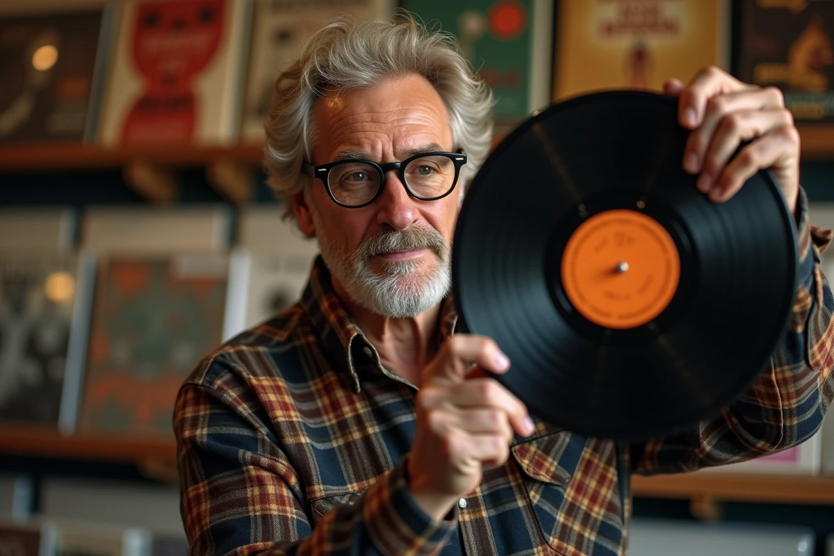 Collectionneur examinant attentivement un vinyle rare dans un magasin de disques vintage