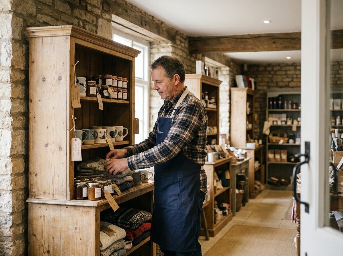 Commerçant arrangeant des produits artisanaux de saison dans une boutique de village de la Côtière en hiver