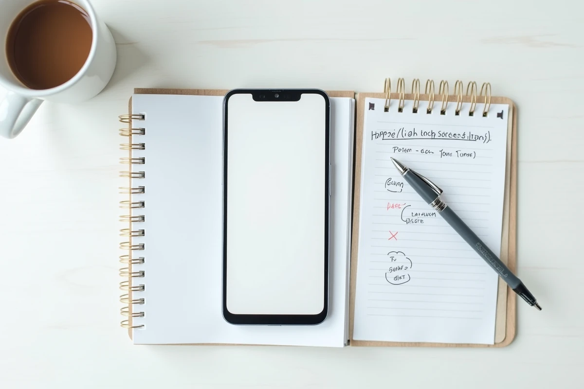 Vue aérienne d'un smartphone et d'un carnet avec des noms de domaine Wodioz notés et comparés sur un bureau épuré