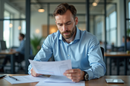 Comptable homme en bureau examine documents de benefices