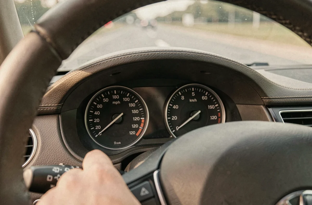 Gros plan sur un compteur de vitesse analogique double échelle affichant miles par heure et kilomètres par heure dans un habitacle de voiture