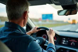 Conducteur consultant le tableau de bord affichant la vitesse en mph et km/h sur une autoroute