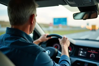 Conducteur consultant le tableau de bord affichant la vitesse en mph et km/h sur une autoroute